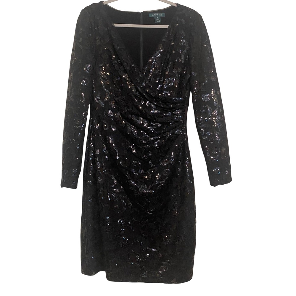 Lauren Ralph Lauren Black Sequin Floral Scroll V-Neck Sheath Dress 10